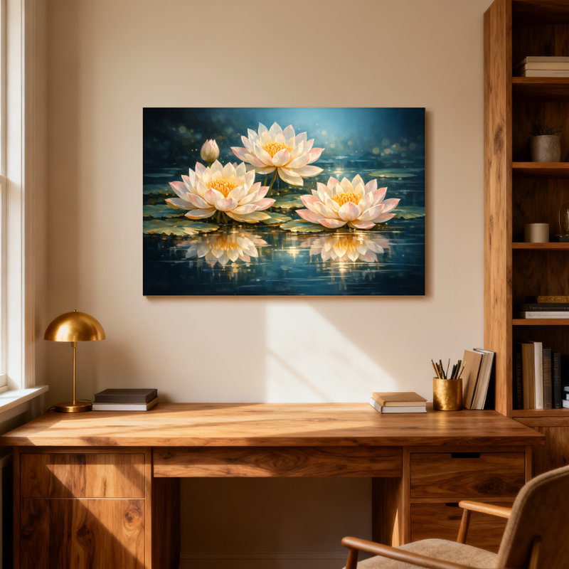 Plantes et fleurs nénuphars flottant sur la surface d'un lac calme, H 32 po x l 48 po