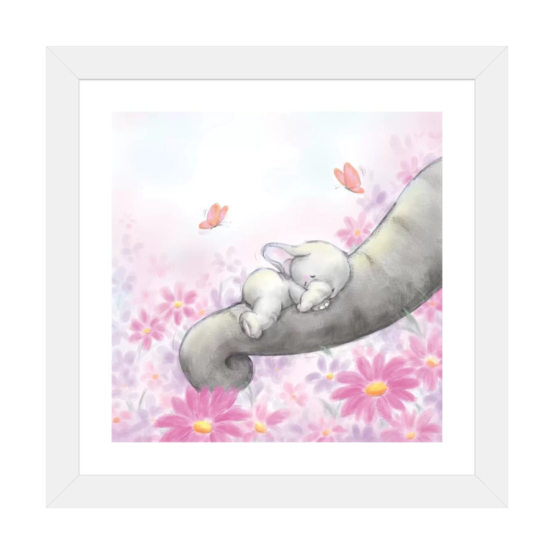 «Baby Elepant Sleeping» par Makiko - reproduction d'art, Papier encadré blanc, Blanc, H 16 po x l 16 po x p 1 po