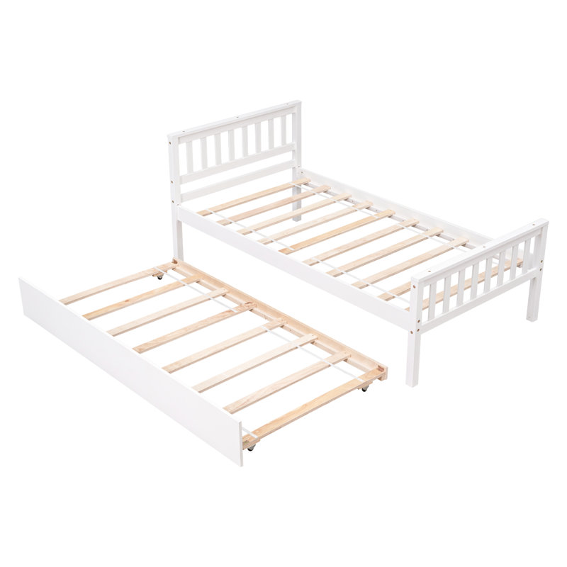 White Twin Bed With Trundle Pine Wood No Box Spring, White