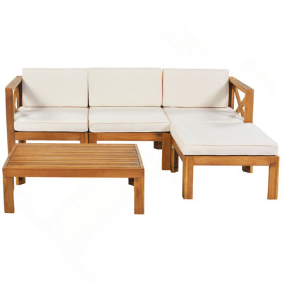 Outdoor Backyard Patio Wood 5-Piece Sectional Sofa Seating Group Set With Cushions
