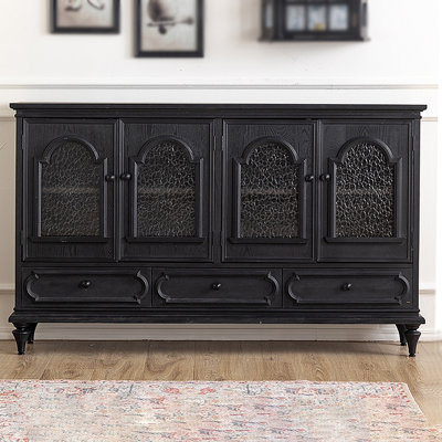 Vintage Pine Wood Sideboard, Wavy Glass Storage Cabinet