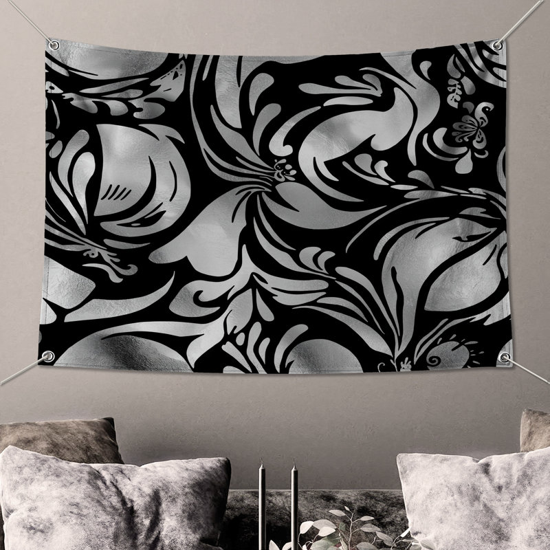 Tapisserie murale argentée et florale - Décoration murale florale, H 104 po x 88 avec 4 œillets