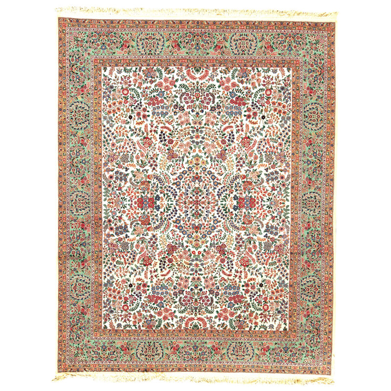 Tapis ivoire et vert clair de haute qualité noué à la main