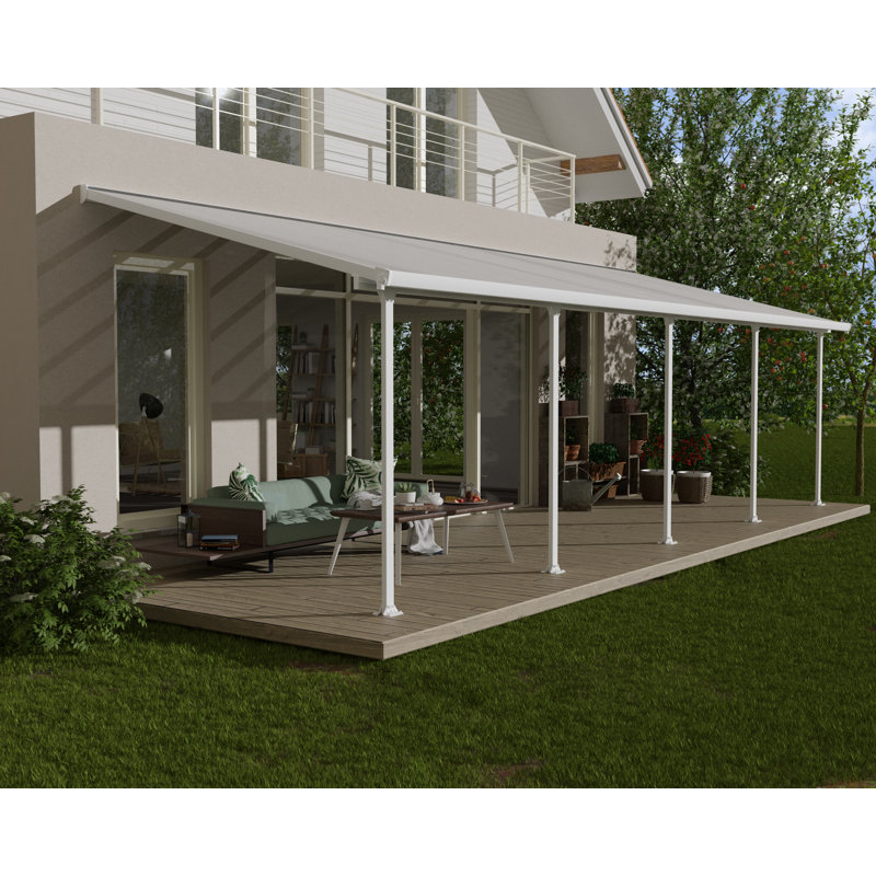 Palram - Canopia Feria 28' W x 10' D Polycarbonate Galvanized Steel Stationary Slope Patio Awning White, White