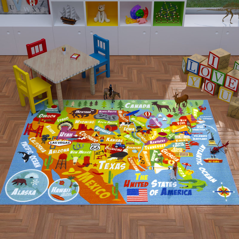 United States Map Educational Learning Game Play Non Slip Kids Rug Carpet Classroom Playroom Mat, Rectangle 8'2" x 9'10"