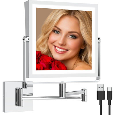 Ruacq Rechargeable Wall Mounted Makeup Mirror with Lights, Double Sided 1X/10X Magnifying Vanity Mirror with 3 Color Lighting, Touch Screen Dimmable, 360° Rotation Extension Foldable Arm(Polished Chrome)