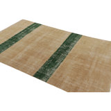 Vintage Zeki Müren Rug, Beige With Green Striped Minimalist Design - Rug & Kilim