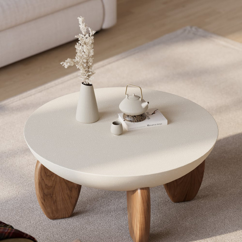 Curva Round Coffee Table With Wood Legs, Beige Wood