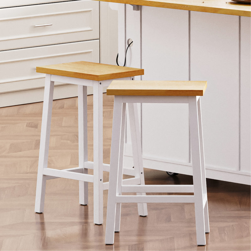 Chaises de bar en bois massif (lot de 2), hauteur 65 cm, blanches, avec repose-pieds, pour salle à manger.