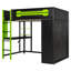 Lit mezzanine double en bois avec bureau, garde-robe ouverte et lumière RVB, vert