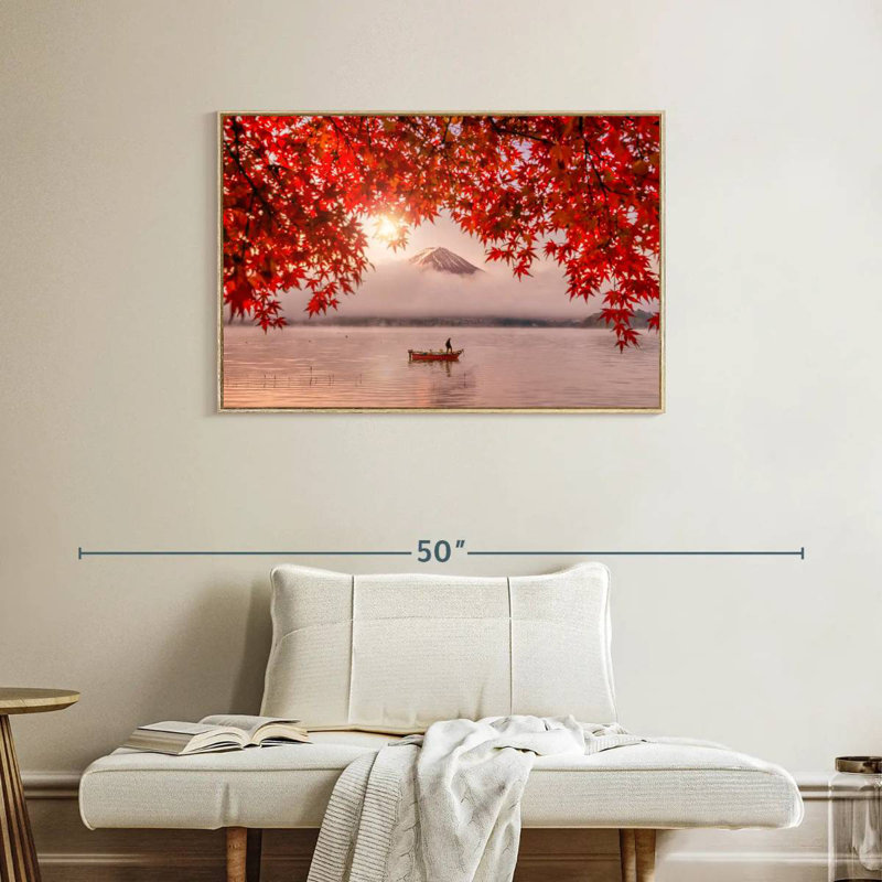 Lake Kawaguchiko Boat, 37" X 25", Floating Frame Natural Wood