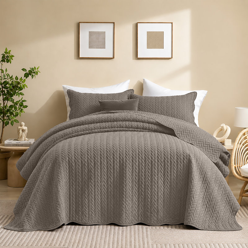 Microfiber Embossed Oversized Modern & Contemporary Bedspread Set With Shams, Beige, Full Bedspread + 2 Pillowcases