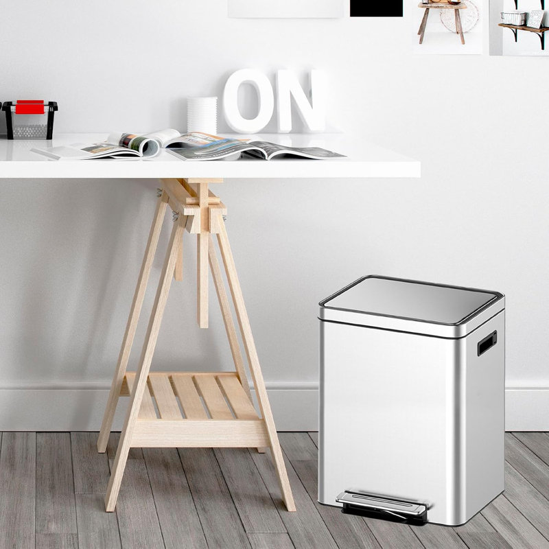 Trash Can, Rectangular Garbage Can With Soft-close Foot Pedal, Double Compartment Classified Garbage Can, Stainless Steel Trash Can With Metal Lid & Removable Inner Bucket
