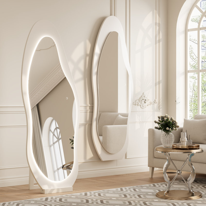 Wavy LED Full-Length Mirror, Solid Wood Frame, Shatterproof, Floor & Wall Mount, White
