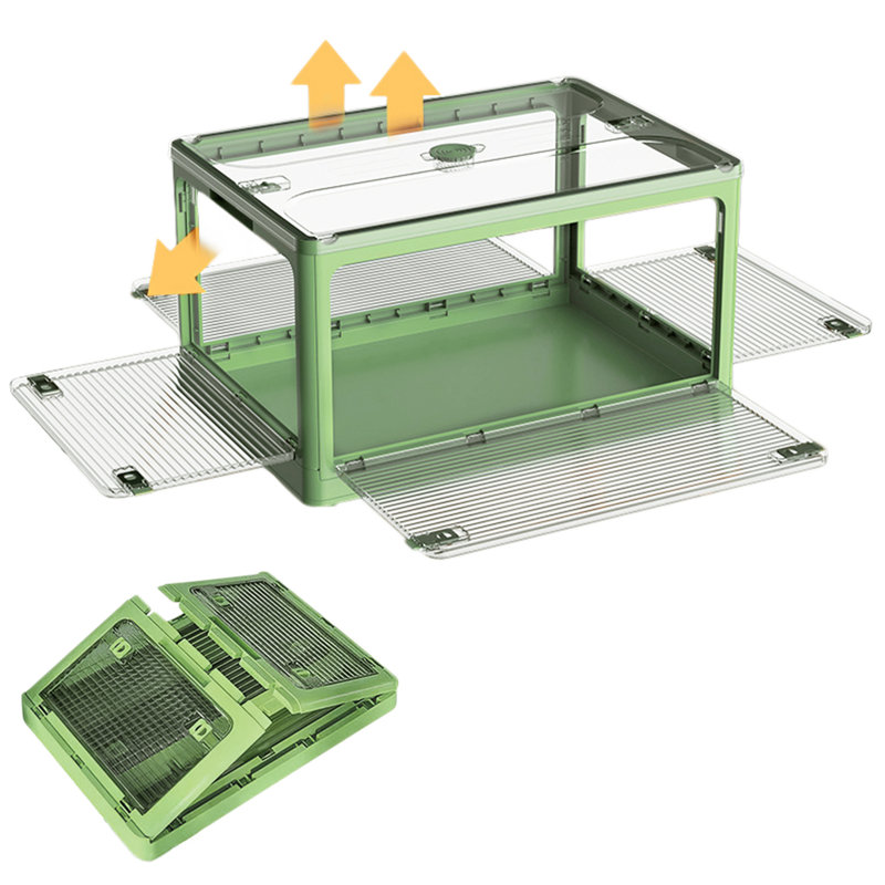 Collapsible Storage Box Bin, 5 Side Clear Open Access Stackable w/ Lid, Wheels, Secure Latches, Handles, 32 qts., Green
