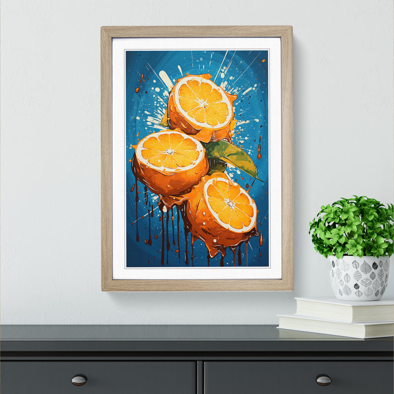 Orange Fruit Pop - Single Picture Frame Print on Wood, Oak Framed, 34cm H x 25cm W x 2cm D