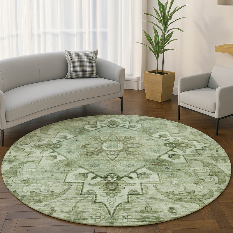 Premium Machine Washable Mayfield AMF2164 global Rug, Aloe, Round 8' 