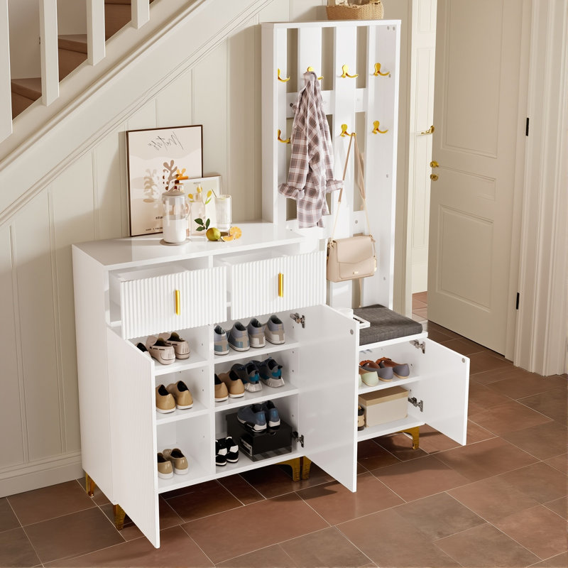 Hall Tree 144cm Wide with Bench and Shoe Storage, White
