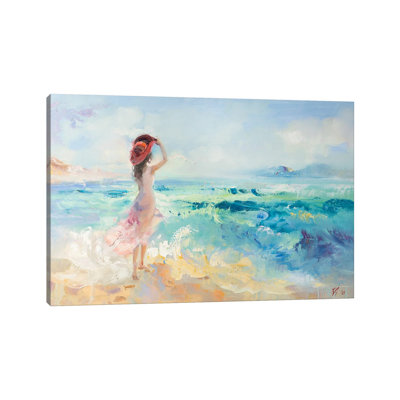 Girl In Red Hat On The Beach by Katharina Valeeva - Wrapped Canvas Painting