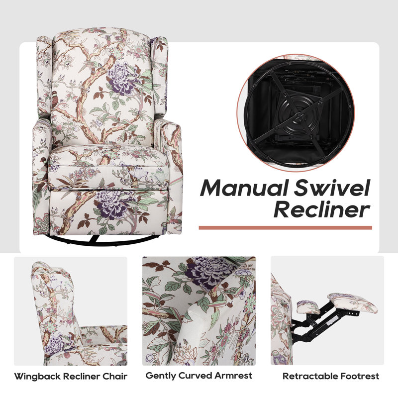 Floral Patterned Wingback Swivel Rocker Recliner Set