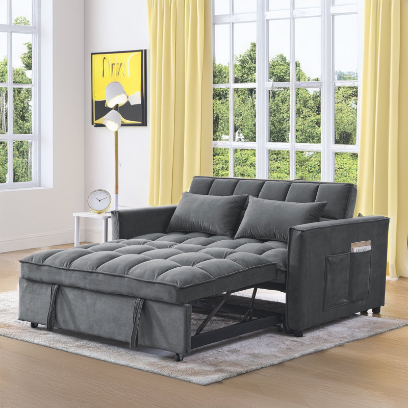 Eiri 55'' Wide Convertible Velvet Sleeper Square Arm Sofa Bed with Reclining Backrest and 2 Throw Pillows, Dark Grey