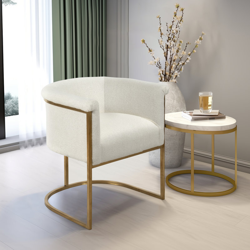 Chaise d'appoint moderne avec structure en métal doré - Fauteuil demi-tonneau rembourré pour le salon, la chambre à coucher ou le bureau
