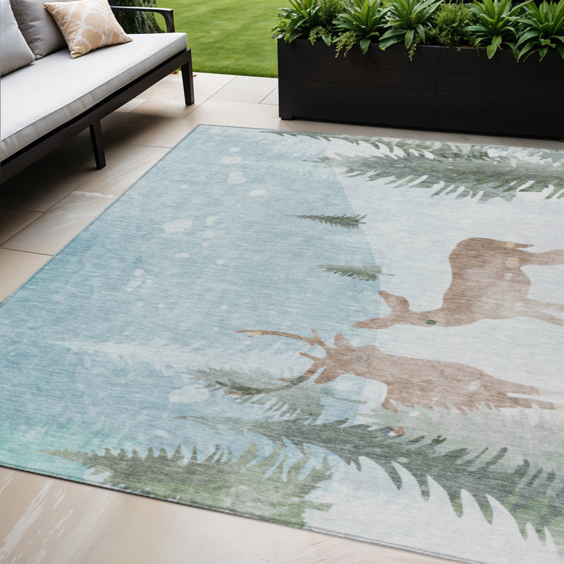 Tapis intérieur lavable ivoire et cerf kaki 5 pi x 8 pi bleu ciel