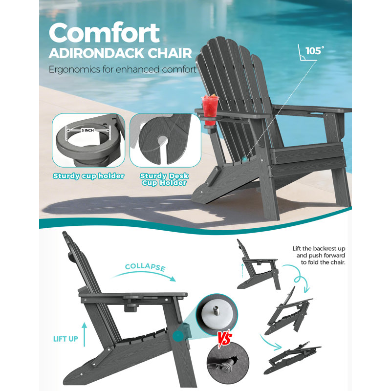 3-Piece Folding Adirondack Chair Set in HDPE with Built-In Cup Holders for Outdoor Use, Gray