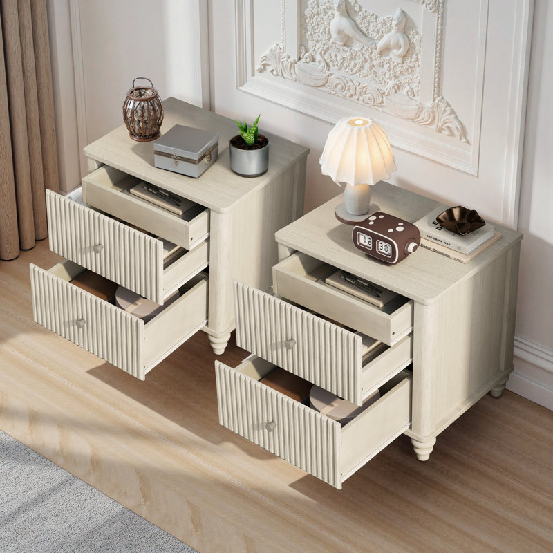 Mid-Century Modern Fluted Nightstand With 2 Drawers & Metal Handle, Set of 2, Beige