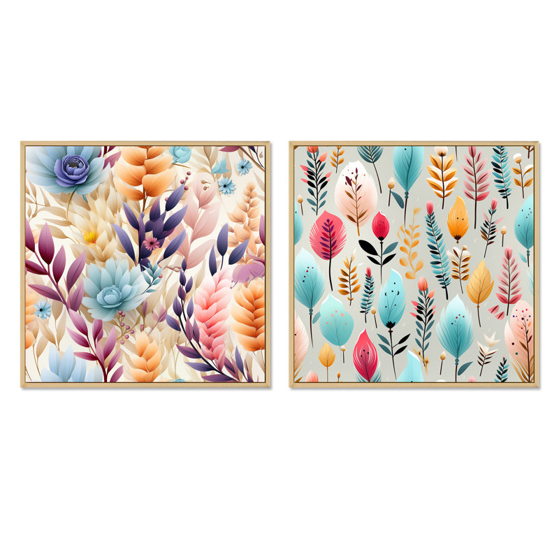 Douglasville - Ensemble de 2 collages carrés botaniques abstraits, H 36 po x l 73 po, Cadre flottant brun