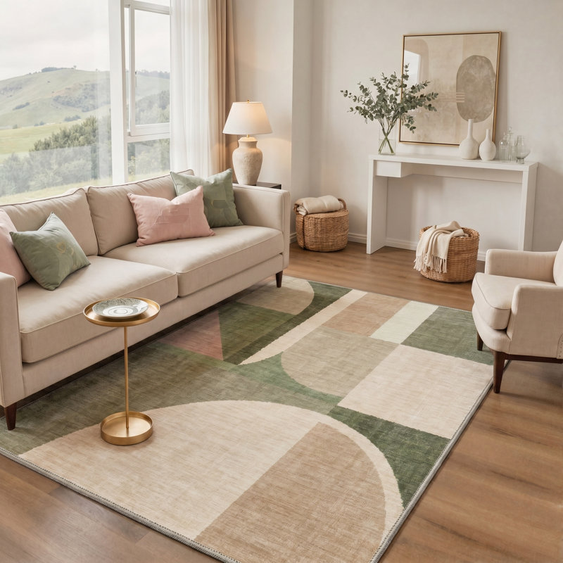 Modern Geometric Green Beige Machine Washable Area Rug, Low-Pile Non-Slip Rug for Living Room Bedroom, Rectangle 8' x 10'