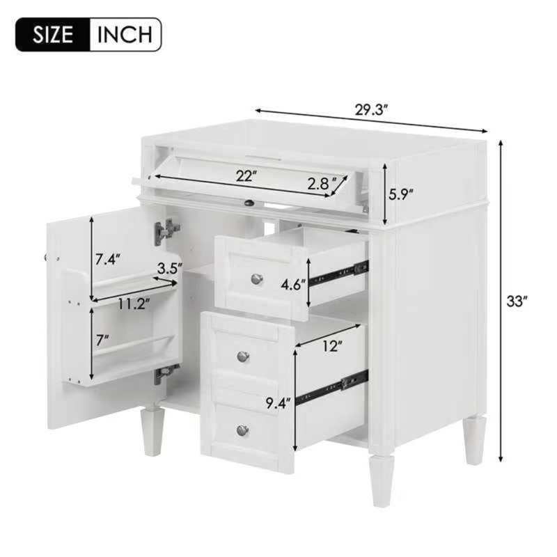 Meuble-lavabo de 30 po sans lavabo supérieur, Blanc