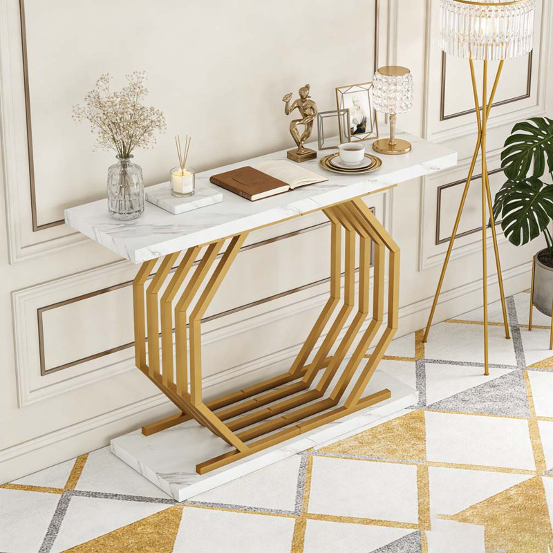 Faux Marble Console Table Accent Sofa Table with Geometric Metal Base, White & Gold