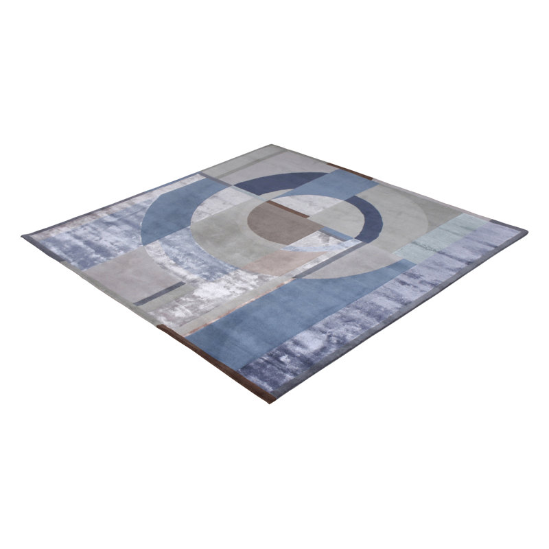 Rug & Kilim’S French Square Art Deco Rug In Blue And Gray Patterns, Rectangle 8' x 10'