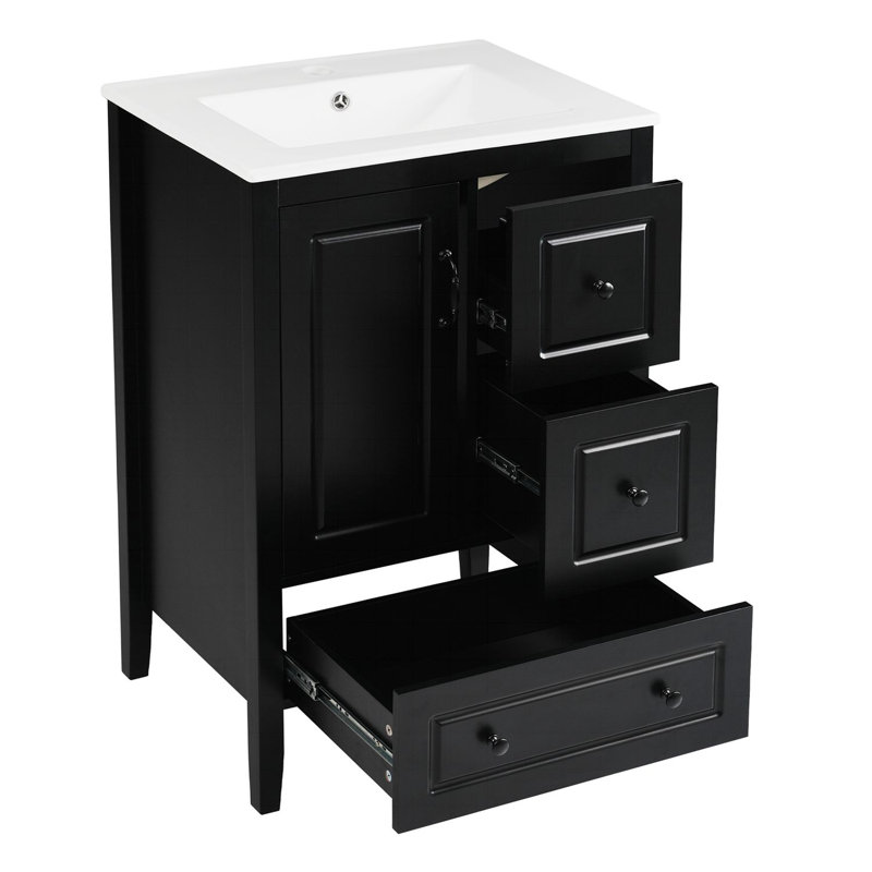 Meuble-lavabo 24 po avec lavabo, tiroirs à fermeture en douceur, armoire et poignées en métal rétro au fini noir, Noir