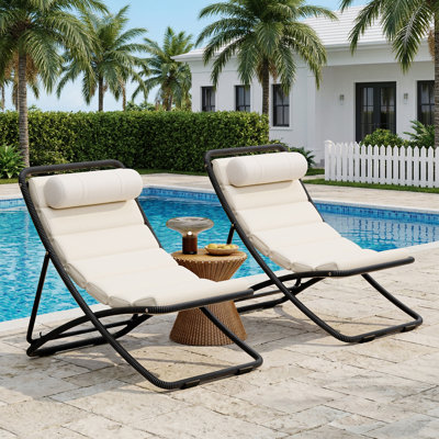 Set of 2 Outdoor Folding Rattan Lounge Chairs with Cushions & Adjustable Backrest