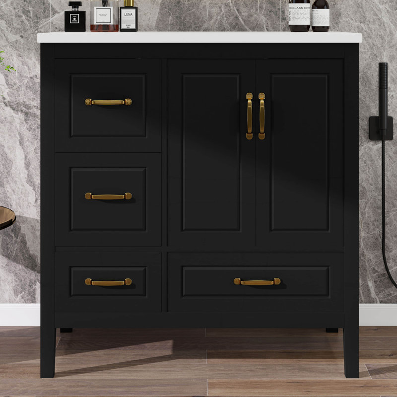 Meuble-lavabo 36 po avec lavabo, meuble-lavabo simple autoportant avec 2 portes et 4 tiroirs à fermeture en douceur, Noir