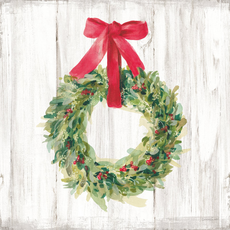 «Woodland Holidays Wreath No Bird White» par Danhui Nai - peinture sur toile tendue, H 36 po x l 36 po, Non