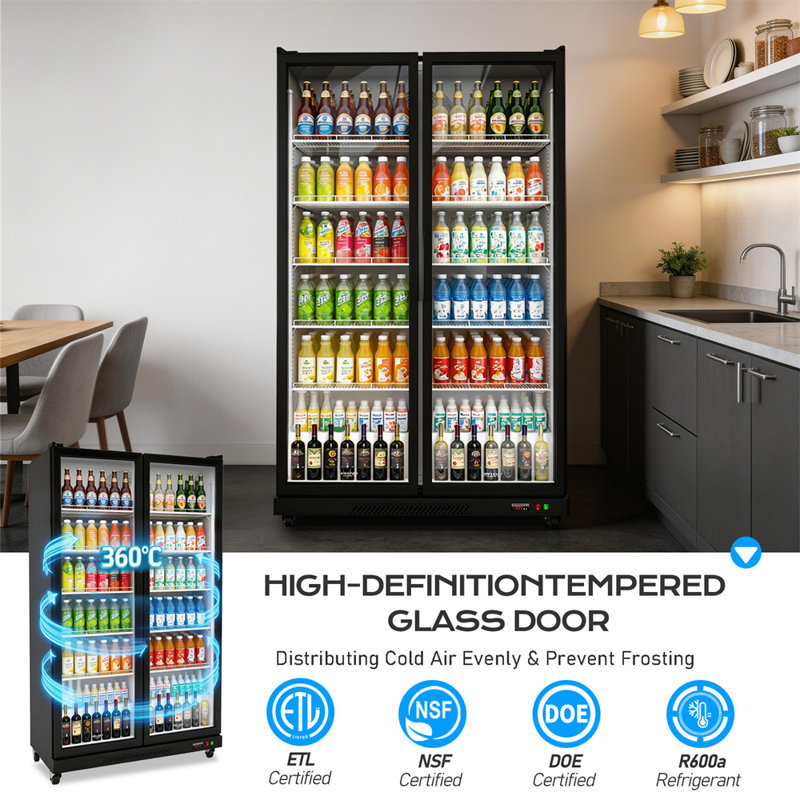 28 Cu.Ft. Commercial Beverage Refrigerator Upright Beverage Display Cooler In Black With Double Door