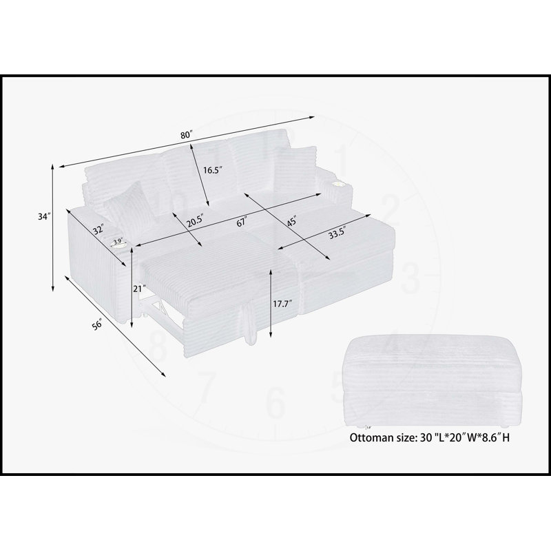 Canapé multifonctionnel en velours côtelé 80 pouces avec inclinaison cachée, conception peu encombrante, accoudoirs, porte-gobelets et repose-pieds amovible