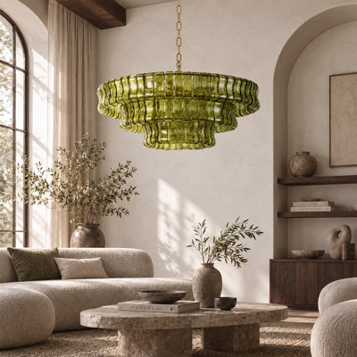 9-Light 32"W Polished Brass Modern Tired Chandelier With Hand-Blown Glass For Dining Room Or Living Room