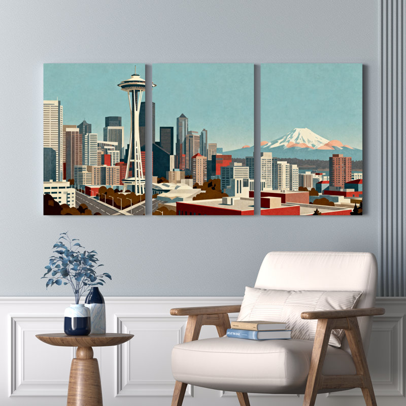 Ensemble de 3 tableaux sur toile représentant la ligne d'horizon de Seattle avec la Space Needle et le mont Rainier