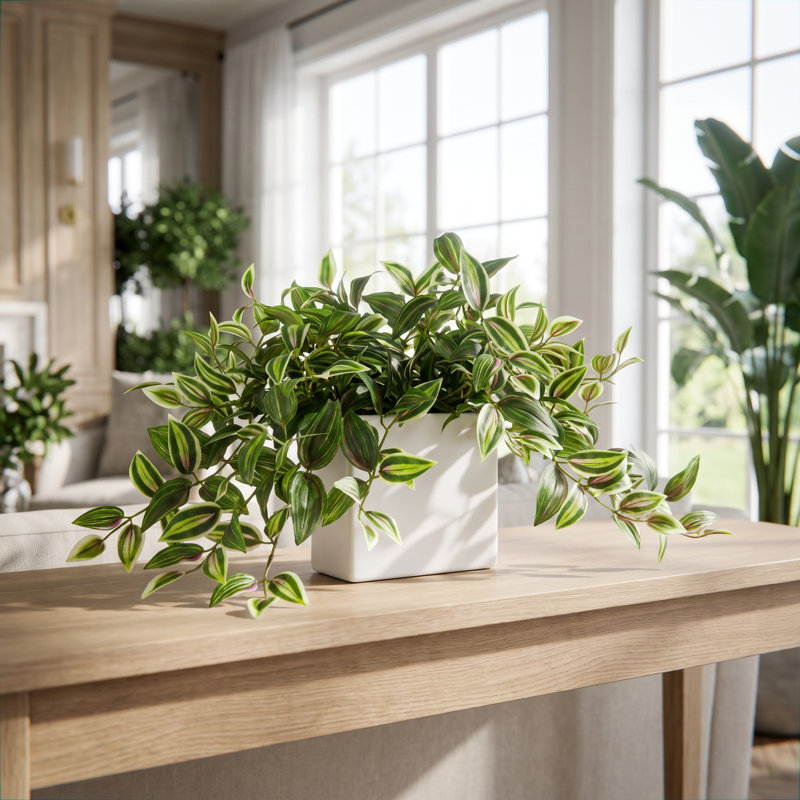 Karas Faux Tradescantia plante dans un vase en céramique, Vert, H 14 po x l 26 po x P 20 po