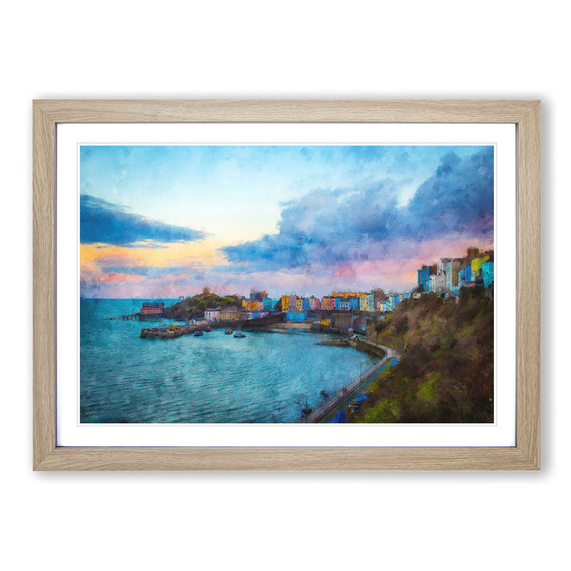 Tenby Harbour in Pembrokeshire Wales - Picture Frame Painting Print, Oak, 33cm H x 45cm W x 2cm D