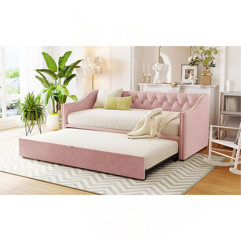 Twin Size Upholstered Daybed With Pop Up Trundle, Pink