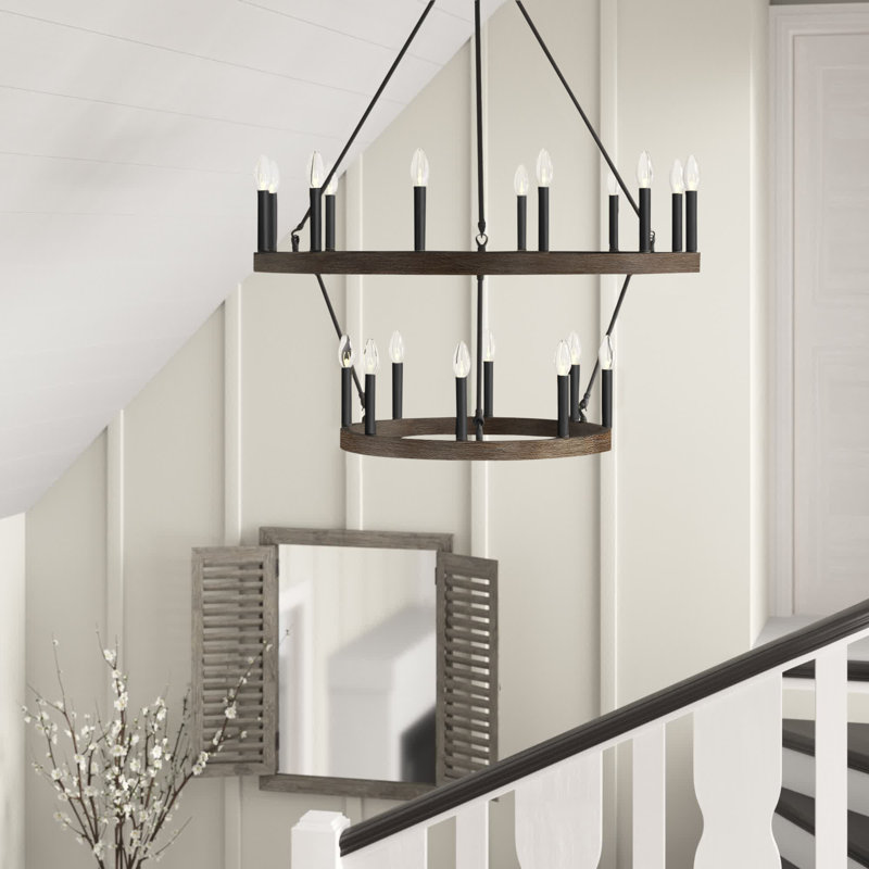 Musser 20 - Light Living Room Steel Dimmable Candle Style Wagon Wheel Chandelier, Walnut/Aged Zinc