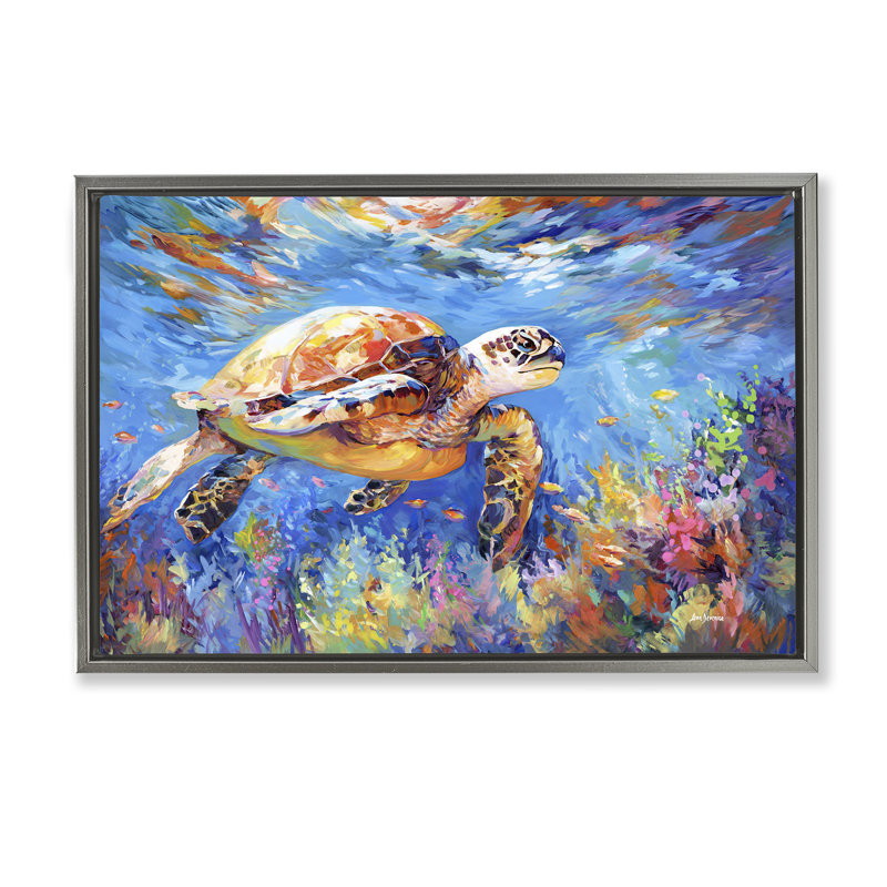 «Sea Turtle's Adventure», toile flottante encadrée dorée par Leon Devenice, Cadre flottant gris lustré, H 17 po x l 25 po