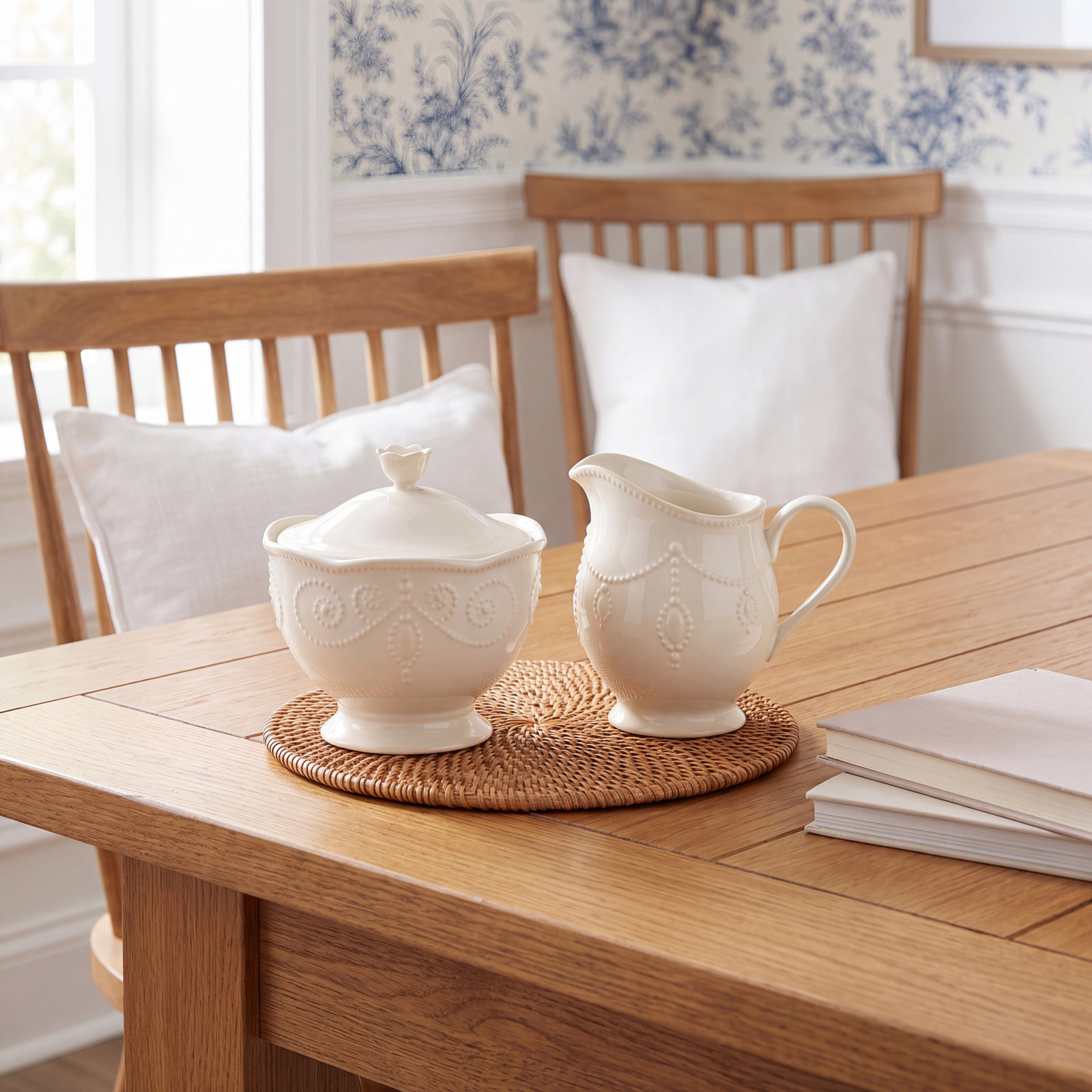 French Perle White Sugar and Creamer Set, White