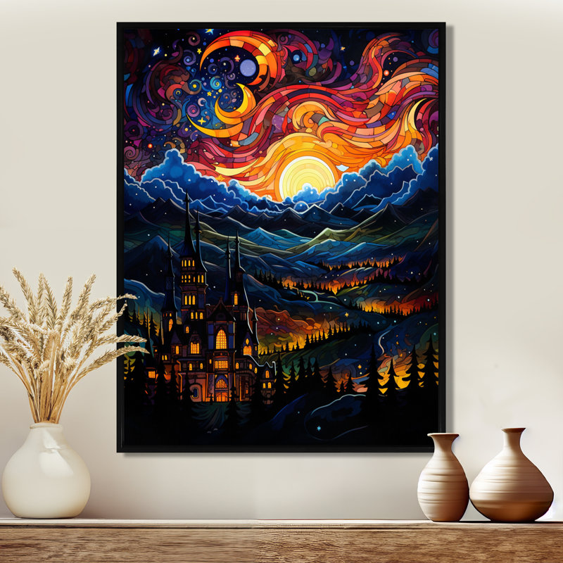 «Burning Sunset Over Pittoresque Mountain Village», art mural abstrait, H 20 po x l 12 po, Cadre flottant noir, bois massif
