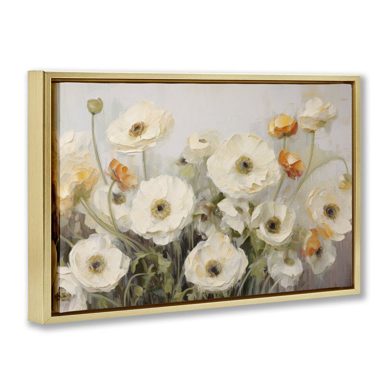 «White Ranunculus Blooms», toile flottante encadrée par Petals Prints Design, Cadre flottant métallique doré